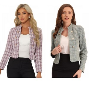 INSPIRE CHIC Women's Tweed Stand Collar Business Open Front Cropped Jacket 2 Packs - 1 of 4