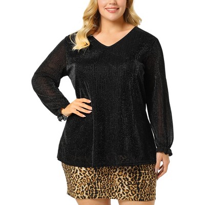 Agnes Orinda Women's Plus Size Glitter Sparkle V Neck Metallic Party Sequin  Blouse Black 3x : Target