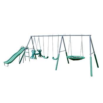 The Swing Company Rochester Metal Swing Set with Roman Glider Saucer Swing and 5' Slide