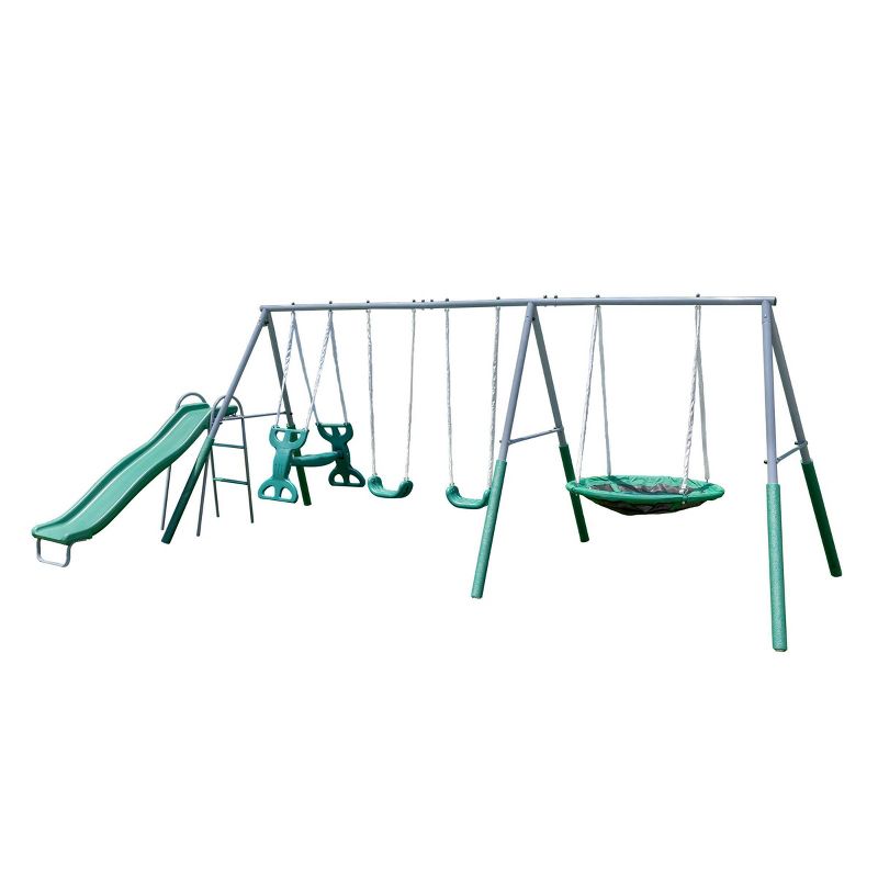 The Swing Company Rochester Metal Swing Set with Roman Glider Saucer Swing and 5&#39; Slide, 1 of 12