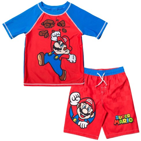 Super Mario Nintendo Little Boys Rash Guard And Swim Trunks Outfit Set Red  7-8 : Target