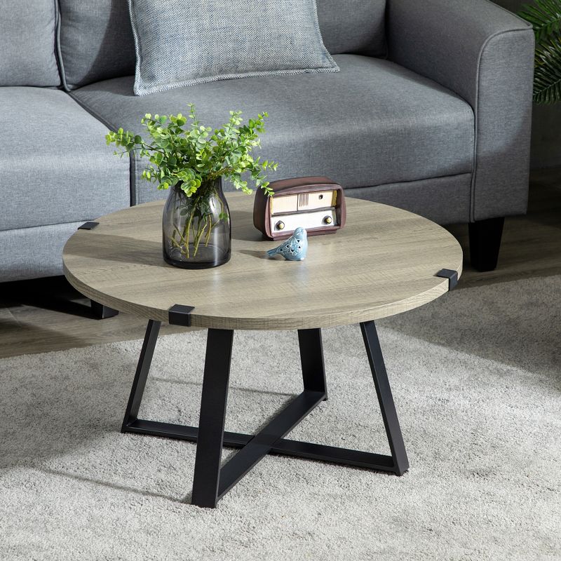 HOMCOM Round Coffee Table, Accent Center Table Steel Legs Living Room Furniture, Wooden Coffee Table, Light Gray, 3 of 7