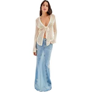 Coolmee Women's Long Sleeve Swimsuit Coverup Crochet Hollow Out Tie Front Swim Cover Up Knit Cardigan - 1 of 4