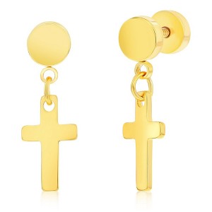 Metallo Stainless Steel Cross Charm Earrings - Gold Plated - Gold - 1 of 2