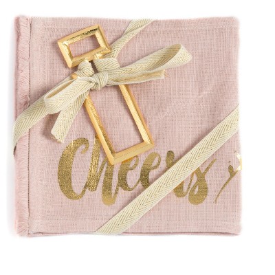 "Cheers" Set of Two Napkins And Bottle Opener Gift Set - Pink - Shiraleah