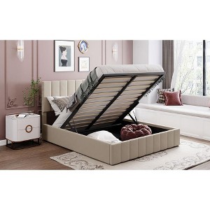 UPHA 78 x 58 in. Beige Upholstered Platform bed with a Hydraulic Storage System - 1 of 4