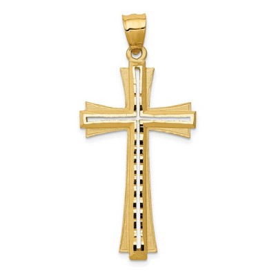 Black Bow Jewelry 14k Yellow Gold Satin & Diamond-Cut Pierced Cross Pendant, 22 x 48mm