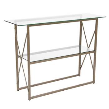 Merrick Lane Console Table Modern Clear Glass Sofa Table with Gold Crisscross Frame and 2 Tempered Glass Shelves