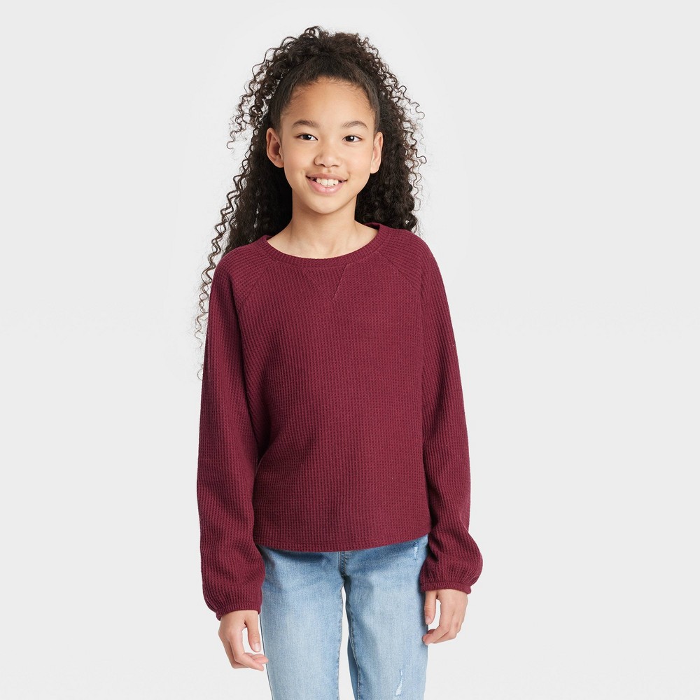 Girls' Cozy Waffle Long Sleeve Shirt - Cat & Jack Maroon M, Red