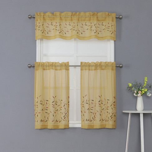 Kate Aurora Shabby Sheer Embroidered Complete 3 Piece Fl Rod Pocket Cafe Kitchen Curtain Tier Valance Set Golden Yellow Target