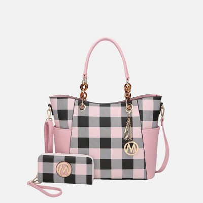 MKF Collection Bonita Checker Tote & Wallet Set - Stylish Vegan Leather Bag by Mia K - Pink