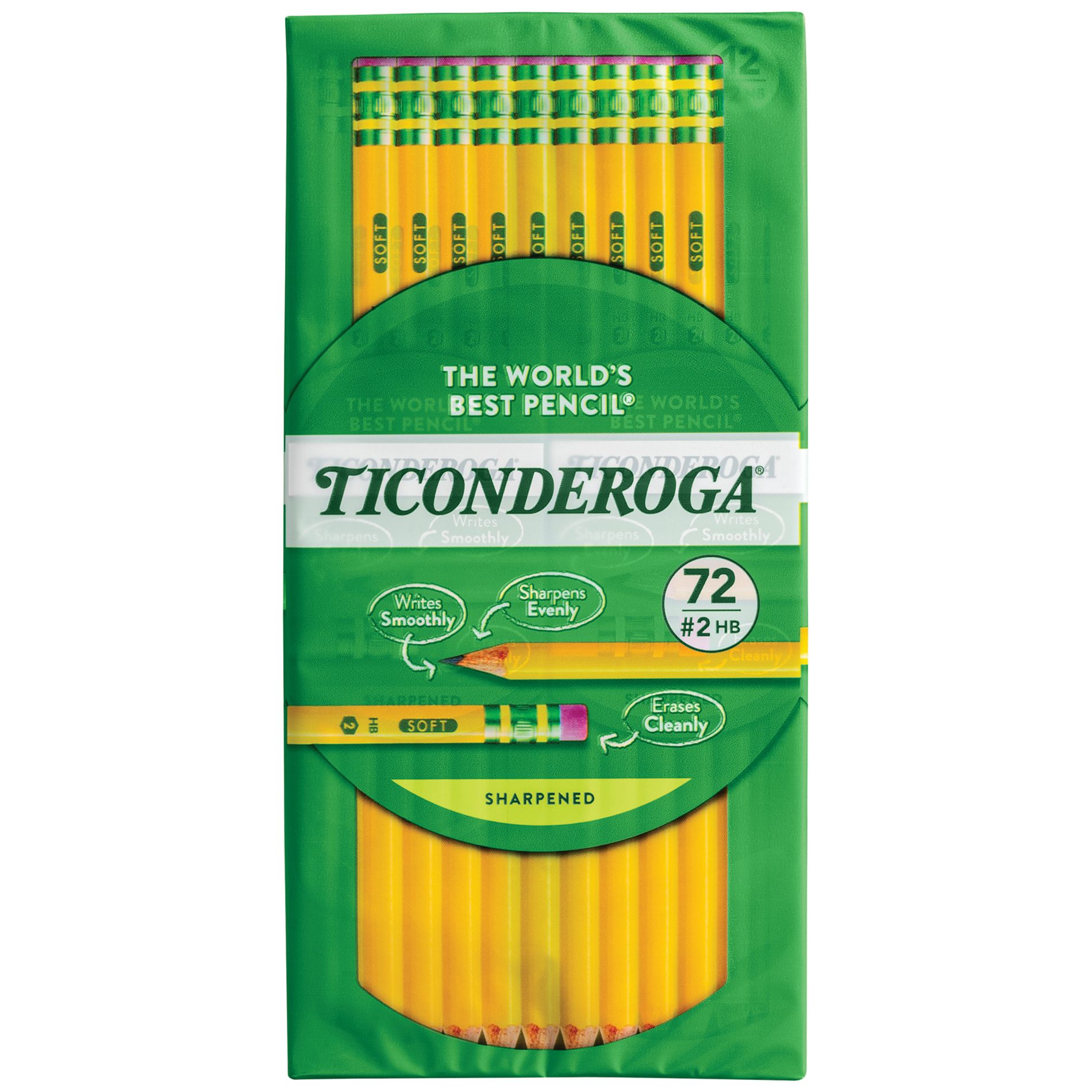 72ct Ticonderoga Wood #2 Pencil Yellow: Sharpened, Erasable, 2.2mm Point, Stationery & Office Supplies