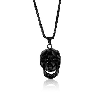 Metallo Mens Stainless Steel Skull Necklace, Black CZ Eyes - Black Plated - Black - 24 Inch - 1 of 3
