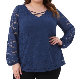 Agnes Orinda Women's Plus Size V Neck Lace Sheer Layer Long Sleeve Cross Strap Blouses - 1 of 4