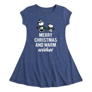 Girls' - Peanuts - Charlie Brown & Snoopy Merry Christmas Warm Wishes Fit & Flair Cap Sleeve Dress - 1 of 4