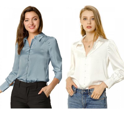 Allegra K Women's Satin Puff Sleeve Point Collar Vintage Button Up Shirt 2 Pcs