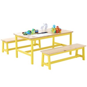 VEVOR Kids Table and Bench Set, Toddler Table and Chair Set of 3, Wood Activity Table for Art, Craft, Reading, Learning,Light Wood Color+Yellow - 1 of 4