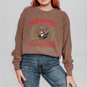 Simply Sage Market Women's North Pole Social Club Reindeer Long Sleeve Garment Dyed Tee - 1 of 4