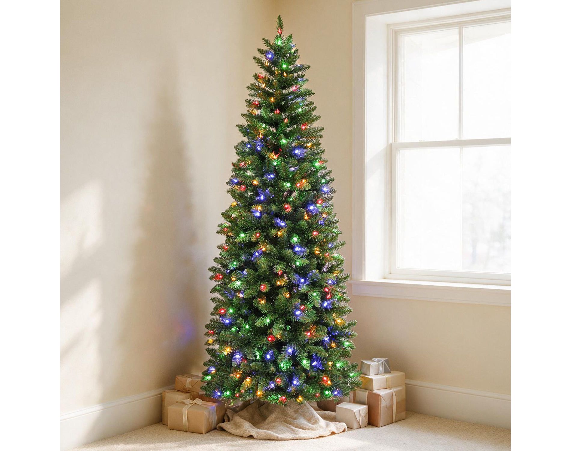 VIVATREES 6ft Prelit Christmas Tree Artificial Slim Pine Dual Color 10 Funtion Changing LED Lights Metal Stand Hinged Branches for Holiday