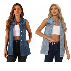 INSPIRE CHIC Women's Sleeveless Casual Button-Down Side Pockets Long Jean Vests 2 Packs - 1 of 4