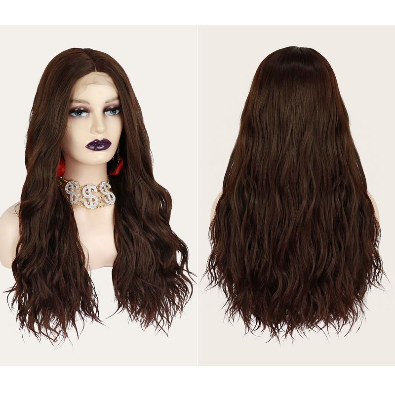 Unique Bargains Long Body Wave Lace Front Wigs Women's with Wig Cap 24" Dark Brown Synthetic Fibre 1PC, 3 of 5