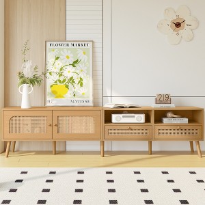 78.74" Boho TV Stand with Solid Wood Legs, Rattan-Inspired Cabinet Doors and Ample Storage Space - 1 of 4
