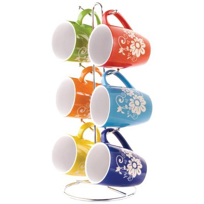 Home Basics 6 Piece Floral Mug Set with Stand, Multi-Color