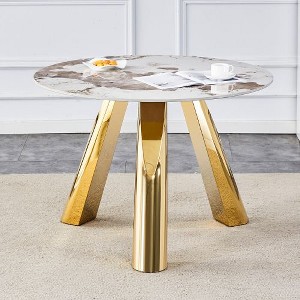 CENGHU Marble Grained Stone Round Dining Table, 42" Stainless Steel Leg Dining Table for 4-6 Pepole, 3-legged Coffee Table for Dining Room, Office - 1 of 4