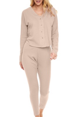ADR Women's Pajamas Set, Soft Ribbed Knit Waffle Pajamas Lounge Set, Long Sleeve Drop Shoulder V-neck Top and Leggings PJ Pants