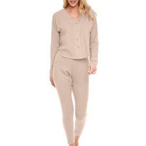 ADR Women's Pajamas Set, Soft Ribbed Knit Waffle Pajamas Lounge Set, Long Sleeve Drop Shoulder V-neck Top and Leggings PJ Pants - 1 of 4