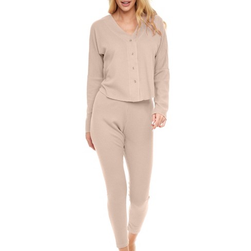 Adr Women's Ribbed Knit Pajamas Set, Button Down Drop Shoulder Top Thermal  Underwear Leggings Ivory X Large : Target