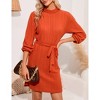 Women Mock Turtleneck Long Lantern Sleeve Self Tie Rib-Knit Dress Casual Loose Winter Pullover Sweater Dresses - 2 of 4