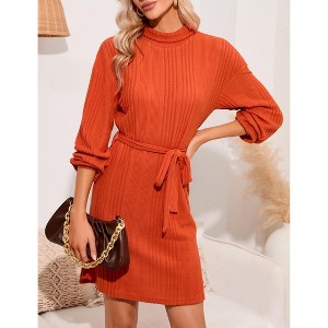 Women Mock Turtleneck Long Lantern Sleeve Self Tie Rib-Knit Dress Casual Loose Winter Pullover Sweater Dresses - 1 of 4