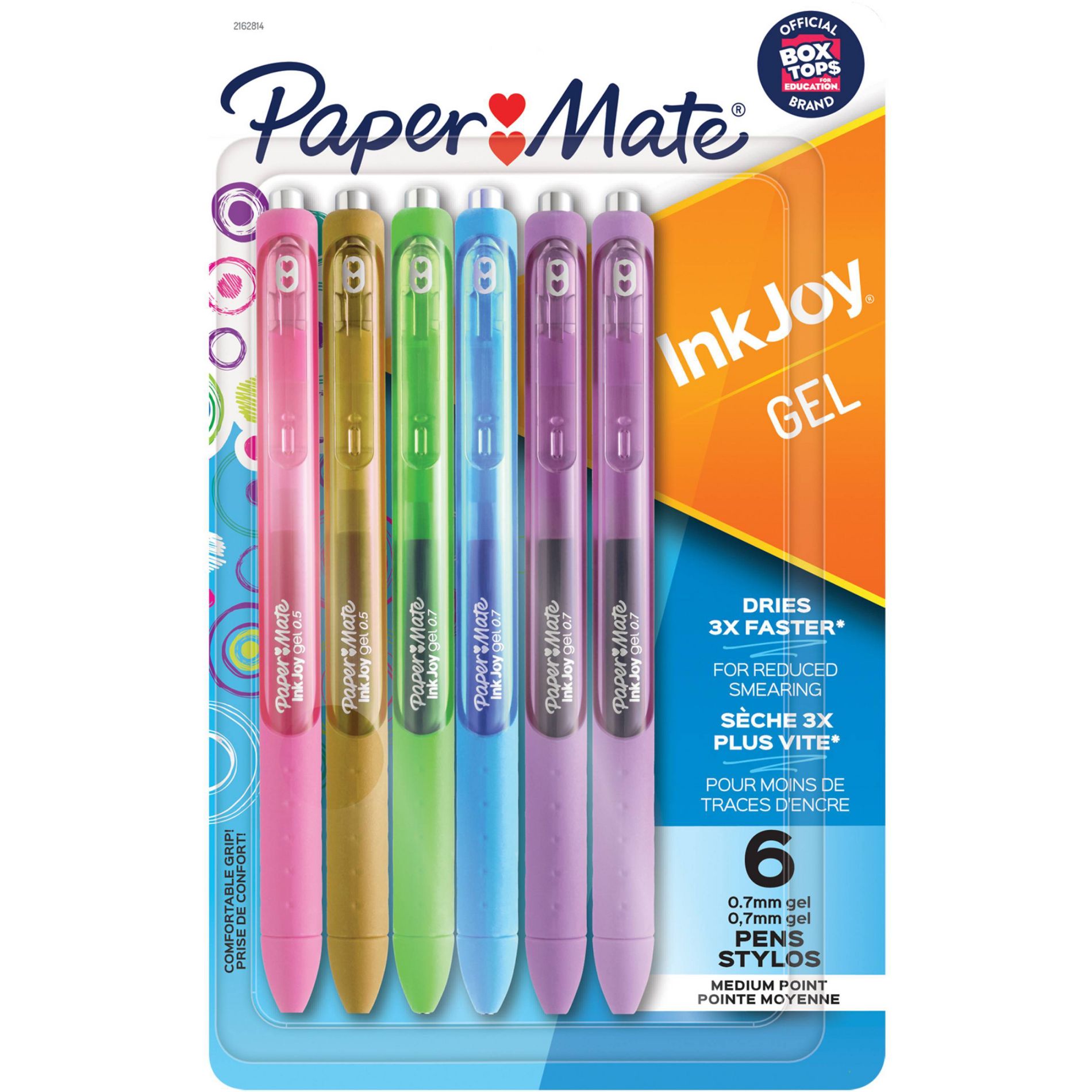 Paper Mate Ink Joy 6pk Gel Pens 0.7mm Medium Tip Assorted Colors: Retractable, Quick Drying, Rubber Grip, Multicolored Ink