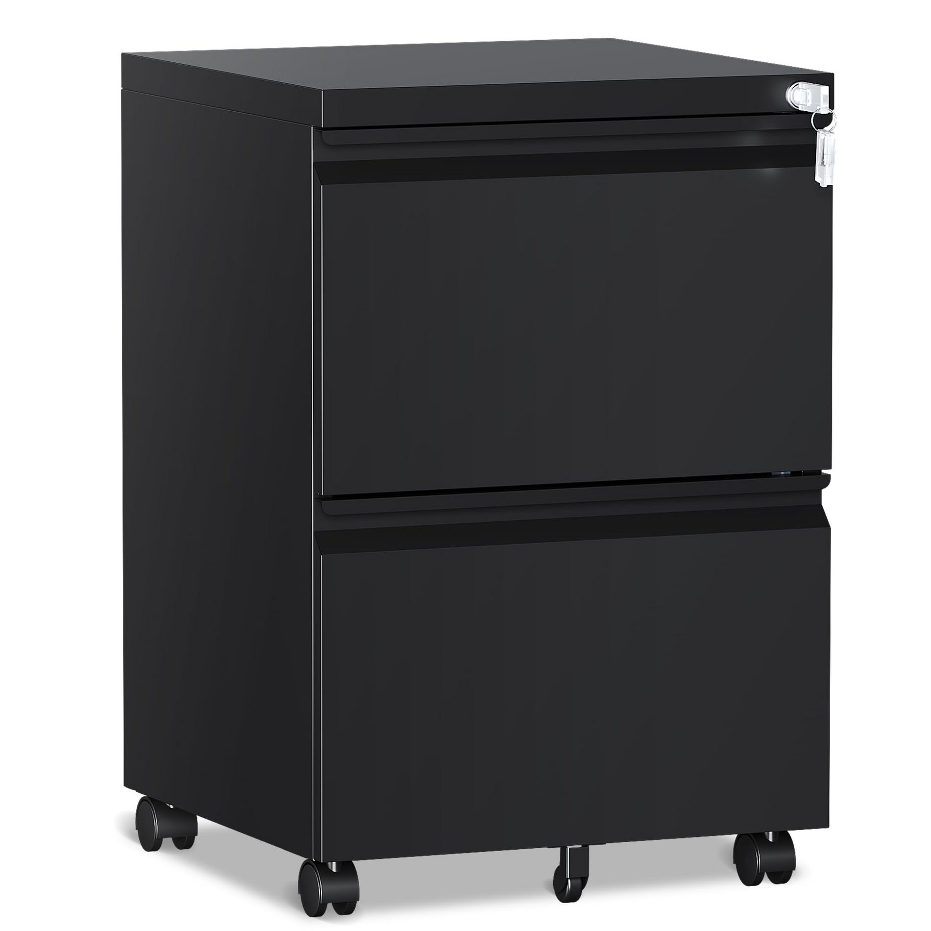 Mlezan 2-Drawer File Cabinet: Mobile, Lockable, with Wheels. Fully Assembled, BLack Metal Cabinet for A4/Letter/Legal Files, Under-Desk Storage.