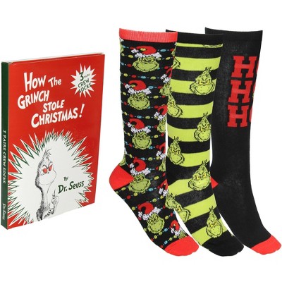 Dr. Seuss How The Grinch Stole Christmas Socks 3-Pack Adult Mid-Calf Crew Socks Storybook Design Gift Box Set Multicolored