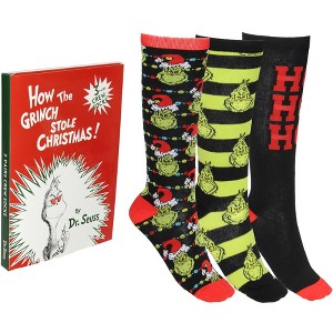 Dr. Seuss How The Grinch Stole Christmas Socks 3-Pack Adult Mid-Calf Crew Socks Storybook Design Gift Box Set Multicolored - 1 of 4