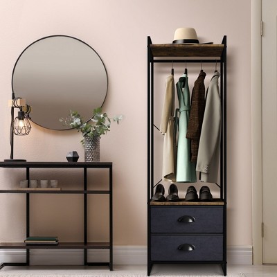 Portable Black Steel and Wood Garment Rack with Drawers