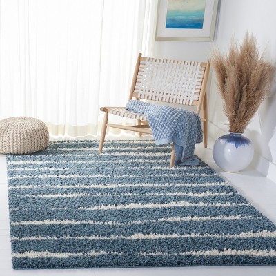 Turquoise and Ivory Rectangular Shag Rug - 5'3" x 7'6"