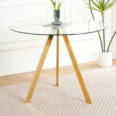 CAVINAS Round Dining Table Kitchen Table Tempered Glass Dining Room Table with Metal Base