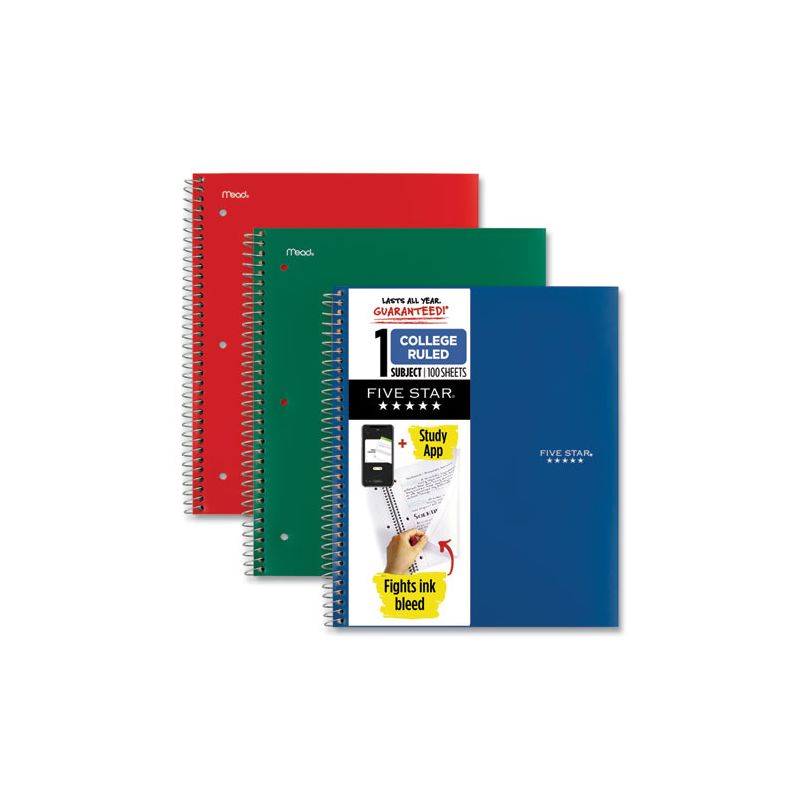 Five Star Wirebound Notebook with Two Pockets, 1-Subject, Medium/College Rule, Assorted Cover Color, (100) 11 x 8.5 Sheets, 3/Pack, 4 of 8