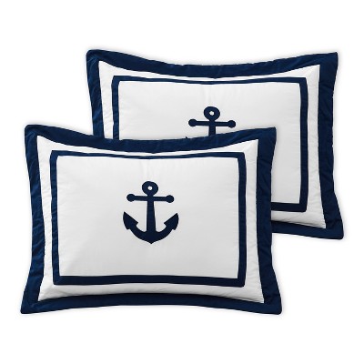 Navy and White Cotton Full Bedding Set with Anchor Design