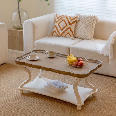 JIONJOY Farmhouse Style Tray Top Accent Table - Handcrafted White & Natural Wood Side Table for Living Room, Bedroom or Entryway