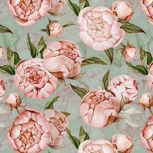 UtArt Peach Peonies Watercolor Pattern on Teal Sepia Shower