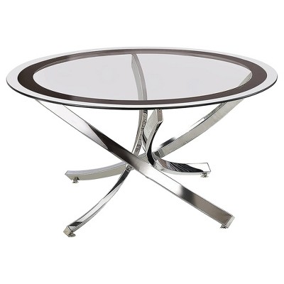 Coaster Home Furnishings Modern Durable Tempered Glass Top Curved Leg Round Coffee Accent Table for Living Rooms and Offices, Chrome and Black