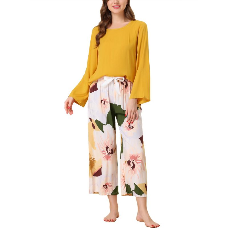 cheibear Womens 2pcs Long Sleeve Capri Pants Floral Lounge Set Sleepwear Pajama Sets, 1 of 6