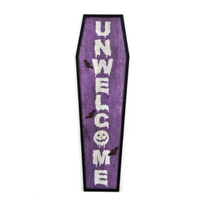 39" Halloween “Unwelcome" Porch Sign, Coffin Shape - 1 of 4