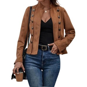 BLUEMING Womens Faux Suede Jackets Fall Casual Business Long Sleeve Open Front Buttons Crop Blazer Jacket Coats - 1 of 4