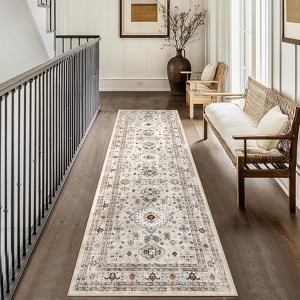 Washable Indoor Rug, Non-Slip & Non-Shedding, Vintage Floral Hallway Runner, Foldable Low Pile, Oriental Medallion Design - 1 of 4