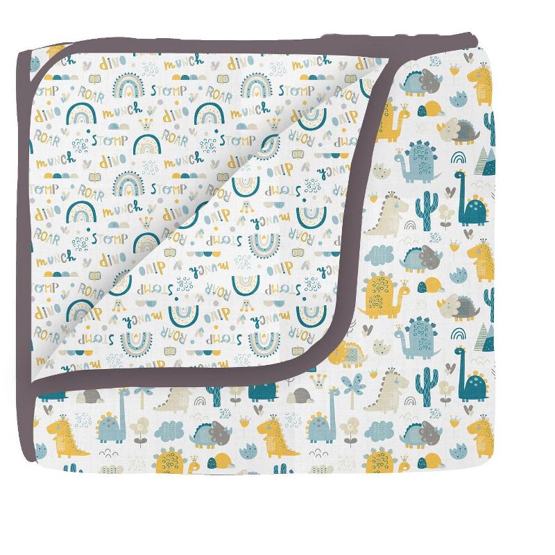 Bacati - Little Dino Boys Teal/Yellow Muslin 8 pc Crib Bedding Set with 2 Swaddling Blankets, 2 of 12